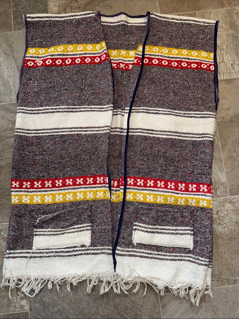 Vintage warm Mexican Baja Poncho vest Red & Yellow tassles, pockets Stripes boho